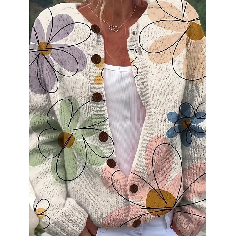 Women's Cardigan Sweater Knitted Ribbed Button Front Round Neck Long Sleeve Lightweight female Elegant Vintage Floral Graphic Buttons Print Regular Tops Knit Outdoor Weekend Beige Fall Winter