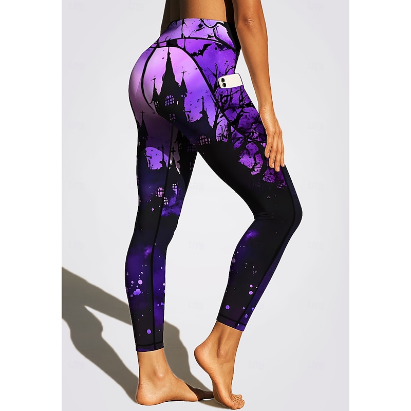 Women's Unisex pilates leggings fitness pants Gym Leggings Pockets Stamp Duty Side Pockets Pilates Gym Gym Workout Pants Tights Leggings Graphic Halloween Galaxy Star Print Amethyst Black Blue Sports