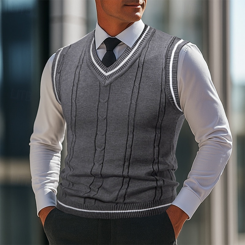 Men's Sweater Sweater Vest Pullover Sweater Jumper Vest Ribbed Knit Regular Tops Knitted Slim Fit Plain V Neck Knitwear Contemporary Casual Daily Wear Clothing Apparel Fall Black White L XL 2XL