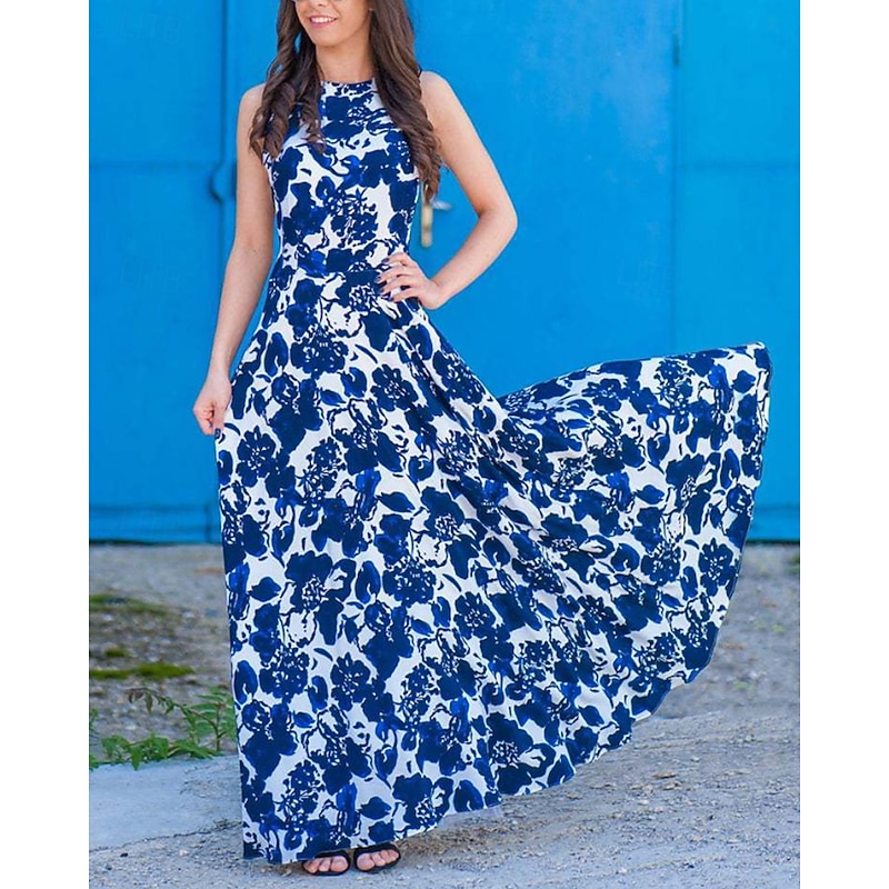 Mommy and Me Dresses Floral Street Print Blue Sleeveless Maxi Sweet Matching Outfits3