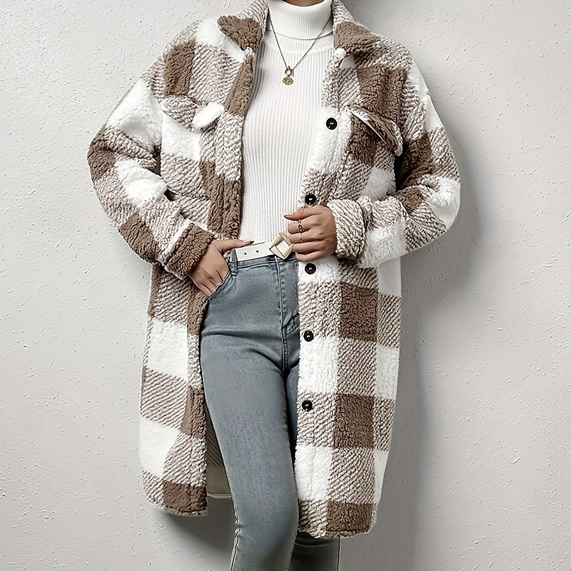 Women's Double Fuzzy Jacket Thick Warm Buttons Long Sleeve Sports Color Block Top For Outdoor Travel Vacation Activewear