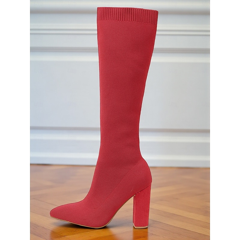Women's Red Knee-High Sock Boots - Stretch Knit Pointed Toe Chunky Heel Long Boots for Fashionable Fall Winter Outfits, Parties and Streetwear Looks3