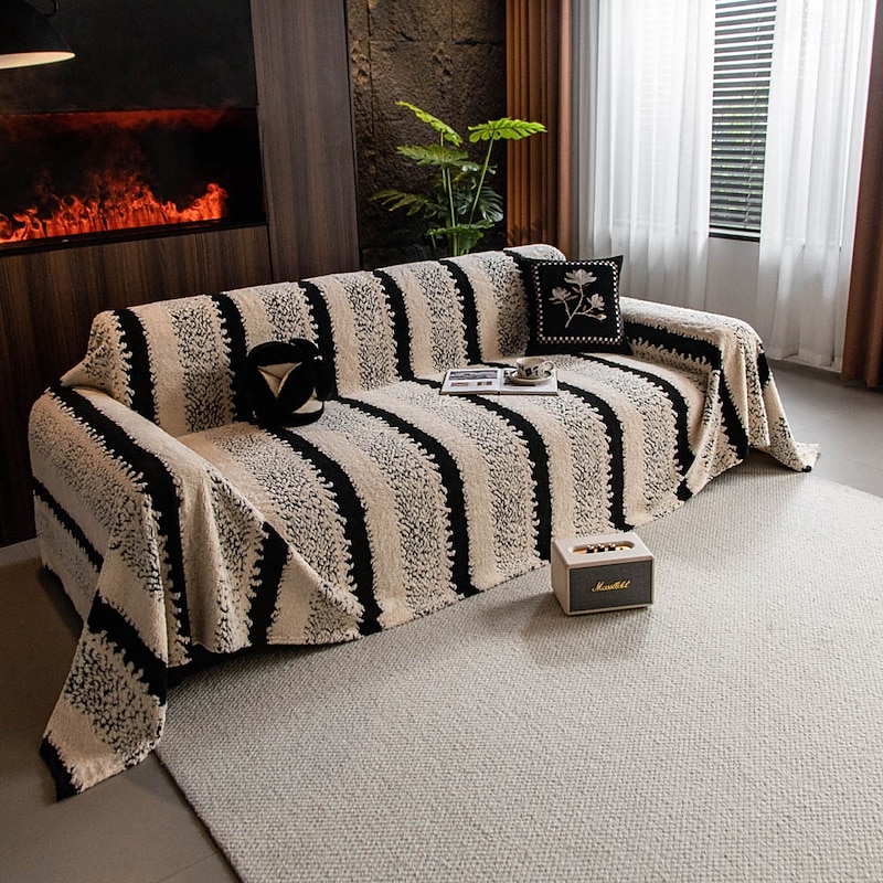 Couch Covers for Pets Dog Sofa Washable 3 Seater Sofa Cover Black Grey Stripe Jacquard Rversible Couch Protector for Dogs Cats Modern Furniture Slipcover with Tassel2