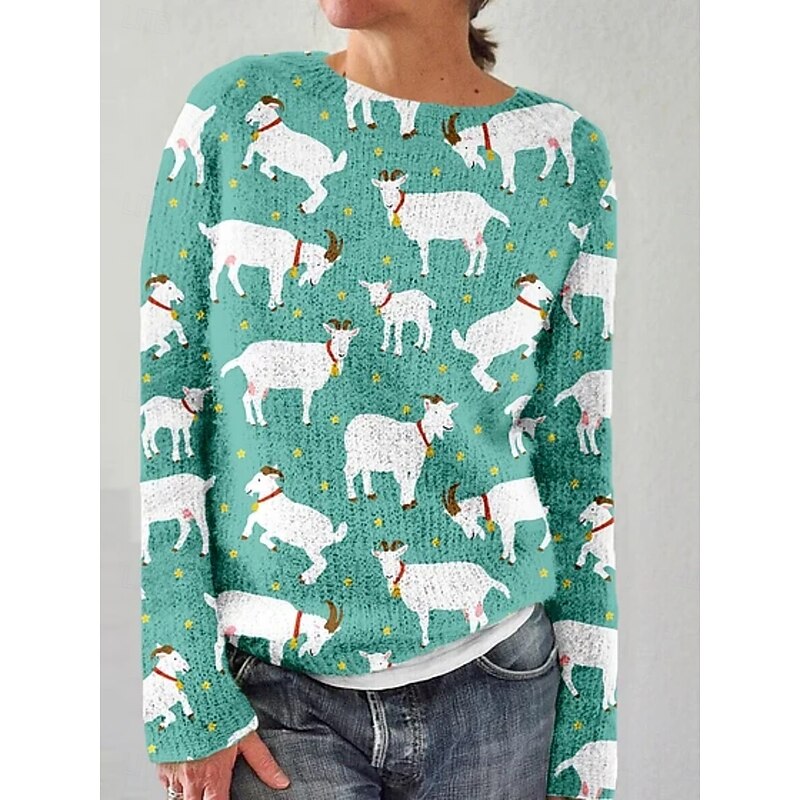 Women's Sweater Pullover Vacation Daily Casual Animal Ribbed Crew Neck Print Long Sleeve Regular Tops Knit Outdoor Daily Holiday Black Blue Fall Winter3