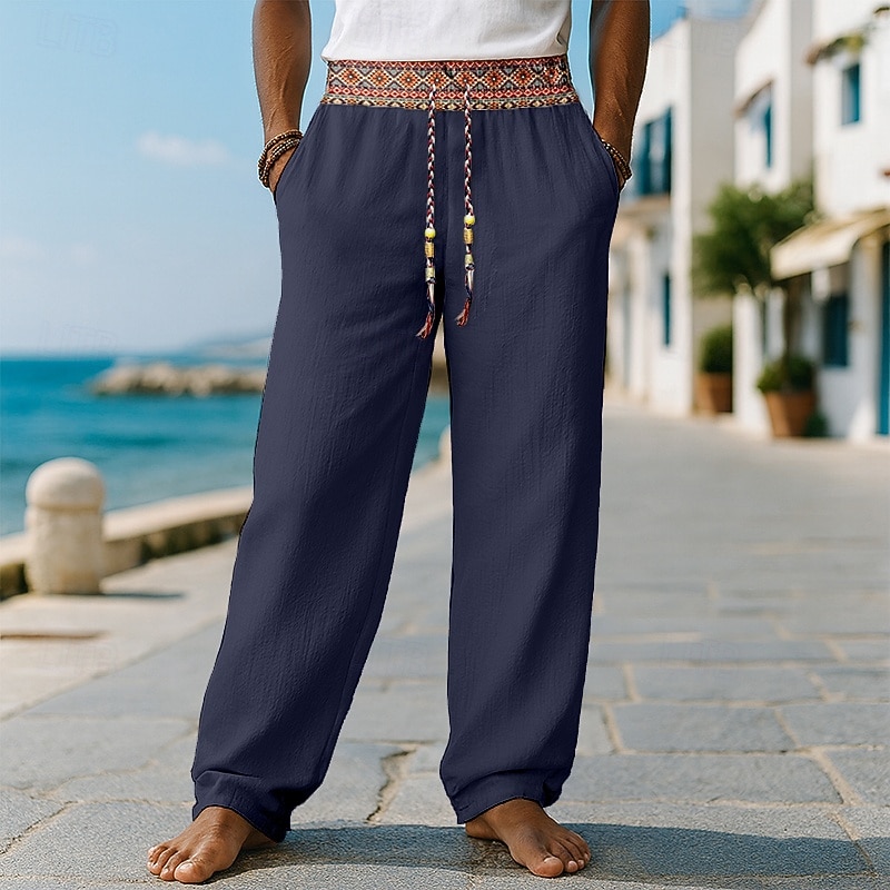 Men's Linen Pants Trousers Summer Pants Baggy Pants Boho Pants Drawstring Patchwork Elastic Waist Plain Comfort Breathable Full Length Outdoor Casual Daily Fashion Classic Style Black White Inelastic3