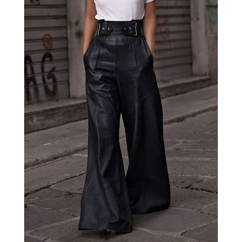 Women's Wide Leg Leather Pants Streetwear Casual Full Length Natural Plain Pocket Elastic Waist Comfortable Outdoor Vacation Holiday Black Army Green Fall Regular Fit2