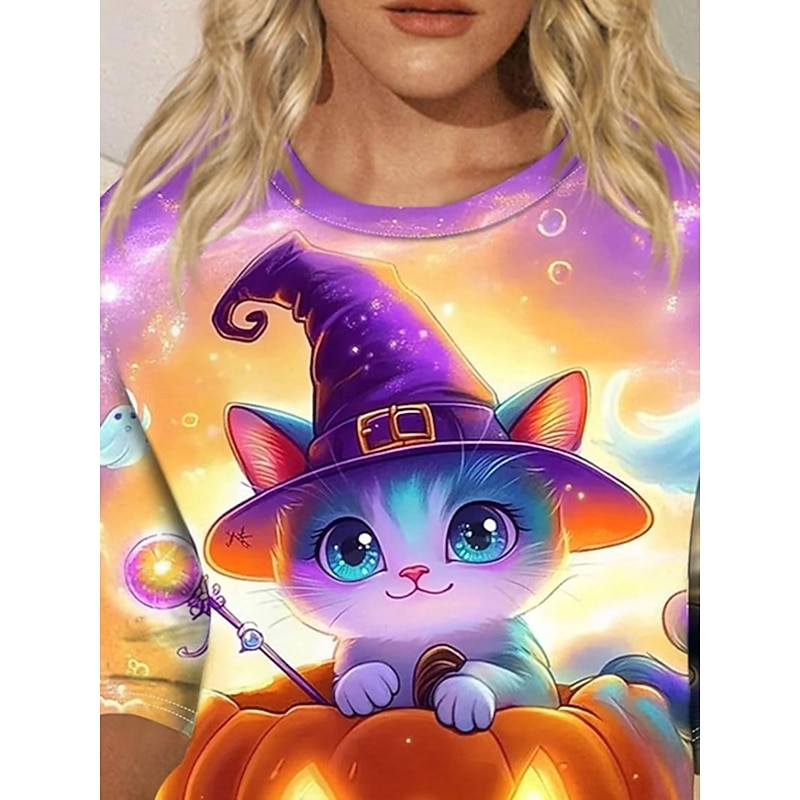 Halloween Women's T shirt Witch Long Sleeve Graphic Animal Cat Vintage Fashion Stylish Long Sleeve Half Sleeve Crew Neck Round Neck Regular Tops Daily Weekend Print Purple Orange Spring Fall Prefall2