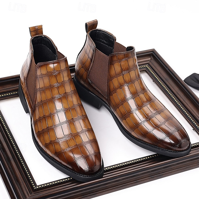 Men's Brown Crocodile Pattern Chelsea Boots – Slip-On Faux Leather Ankle Dress Boots for Business, Formal Events and Daily Wear2