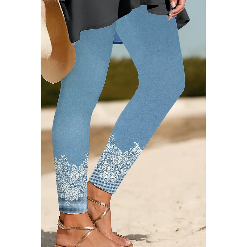 Women's Leggings Vacation Vintage Ethnic Style Ankle-Length High Waist Floral Graphic 3D Print Quick Dry Breathability Soft Stretchy Outdoor Home Causal Black Navy Blue Blue Sky Blue Spring Fall Slim2