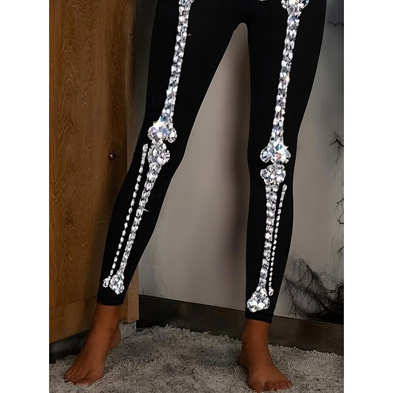 Women's Leggings Vacation Vintage Fashion Full Length High WaistPantsHalloween Graphic Skull Halloween Printing Soft Breathable High Elasticity Outdoor Vacation Street Black and White Black Spring3