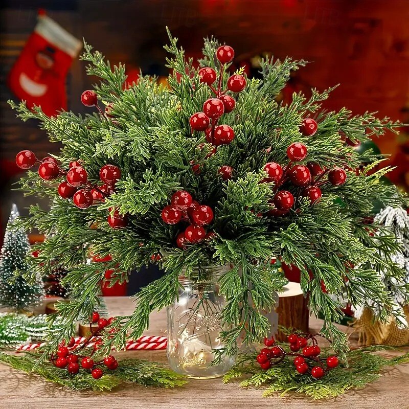 Artificial Christmas Flowers with Red Berry Stems, Fake Norfolk Pine Garland Branches for Winter Decor, Faux Christmas Garland Tree Picks and DIY Crafts4