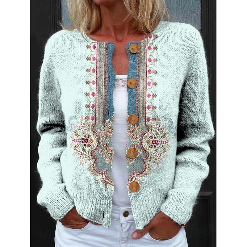 Women's Cardigan Sweater Knitted Ribbed Button Front Round Neck Long Sleeve Lightweight Daily Floral Crew Neck Buttons Print Regular Tops Knit Outdoor Weekend Red Green Spring Fall2