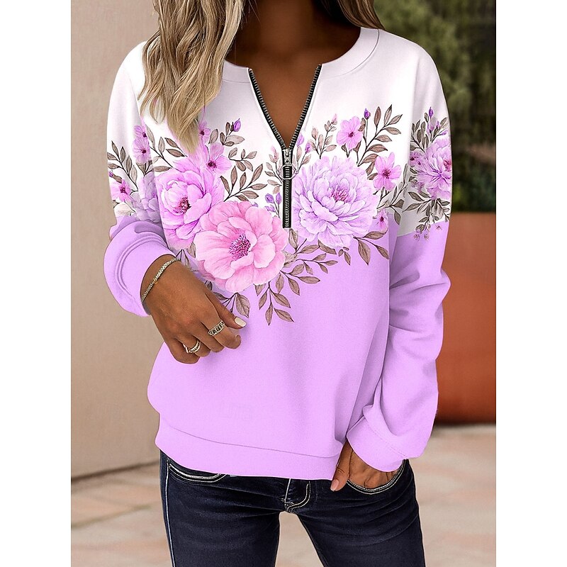 Women's Pullover Sweatshirt Zip Up Sweatshirts Floral Graphic Fashion Casual Long Sleeve Crew Neck Regular Tops Street Dailywear Zipper Print Pink Blue Purple Green Spring Fall Winter4