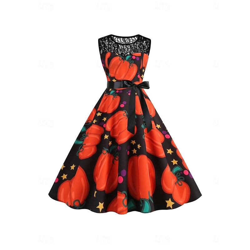 Halloween Women's Pumpkin Print Midi Dress A Line Dress Casual Daily Holiday Regular Fit Pumpkin Bat Sleeveless Crew Neck Black Dark Red Red Orange Summer Spring Fall4