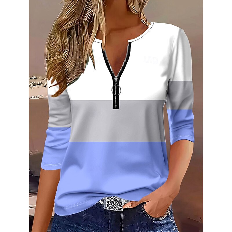 Women's T Shirt Graphic Geometric Striped Elegant Vintage Stylish Long Sleeve Round Neck Notched Neck Regular Tops Daily Weekend Zipper Print Blue Spring Fall Winter