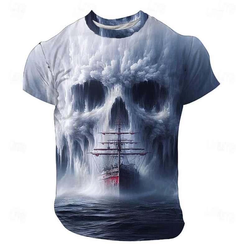 Halloween Men's Skull Optical Illusion 3D T Shirt Short Sleeve T shirt 3D Print Crew Neck Shirt Exaggerated Designer Horror Party Street Holiday Blue Khaki Summer Spring All Seasons Clothing Apparel4