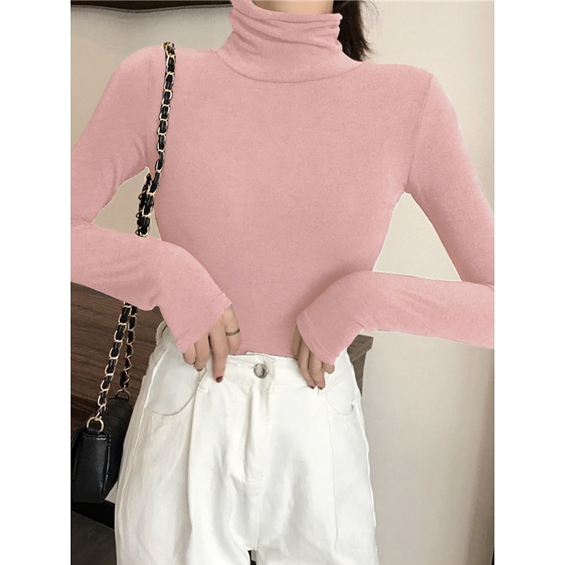 Women's Blouse Solid Color Stylish Casual Long Sleeve Turtleneck Regular Tops Daily Ruched Black White Pink Wine Blue Summer Spring Fall4