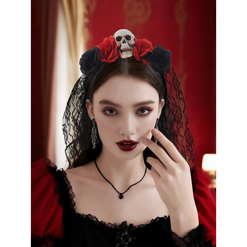 Women's Skull Headband with Red and Black Roses and Lace Veil, Gothic Halloween Costume Hair Accessory for Party