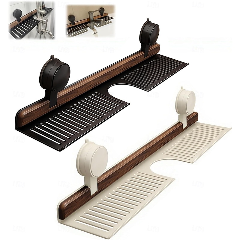 Walnut Suction Cup Bathroom Shelf Wall Mounted Sink Shelf Over Faucet Removable No-Drill Wood Faucet Storage Rack for Toiletries, Bottles and Small Accessories