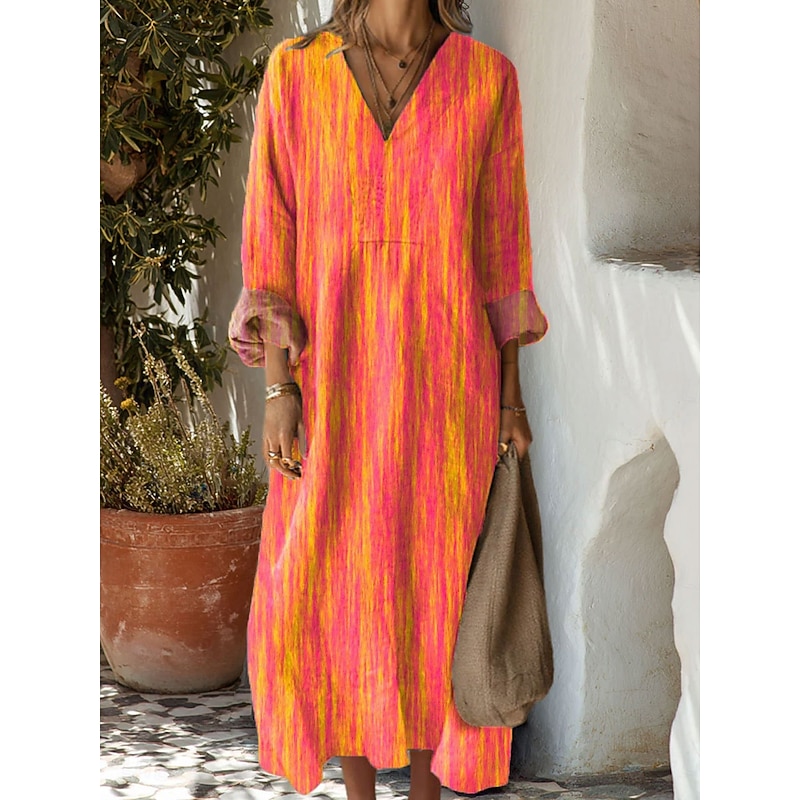 Women's Midi Dress Casual Dress Sundress A Line Dress Vacation Casual Boho Party Holiday Beach Loose Fit Graphic Geometric Long Sleeve V Neck Pink Blue Orange Summer Spring Fall3