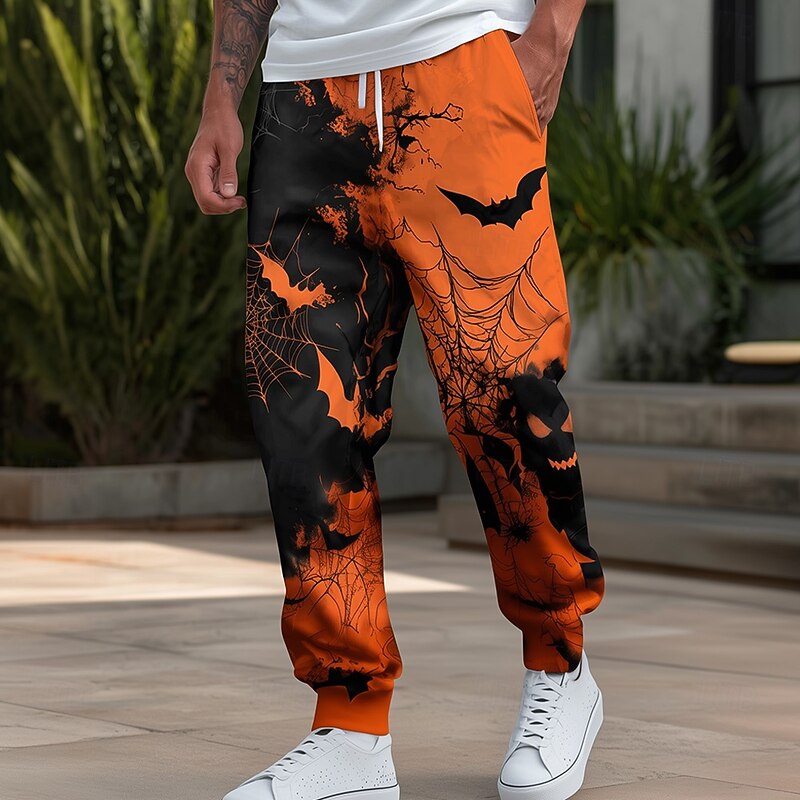 Men's Pumpkin Bat Halloween Costumes Sweatpants Joggers Trousers Mid Waist Drawstring Elastic Waist Casual Jogging Streetwear Workout Athletic Sweatpants with Pockets Spring Fall 3D Print Yellow