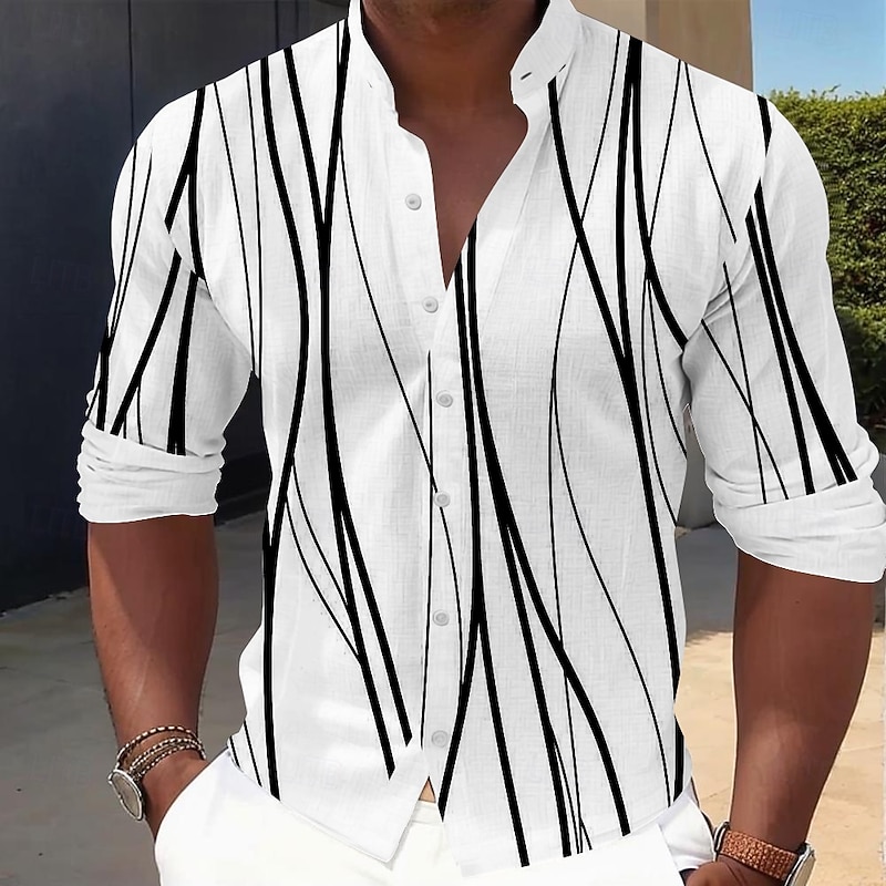 Men's Geometric Line Shirt Button Up Shirt Stand Collar Shirt Long Sleeve Casual Outdoor Vacation Daily Spring Fall Mandarin Collar Band Collar 3D Print Linen Like Shirt White Blue