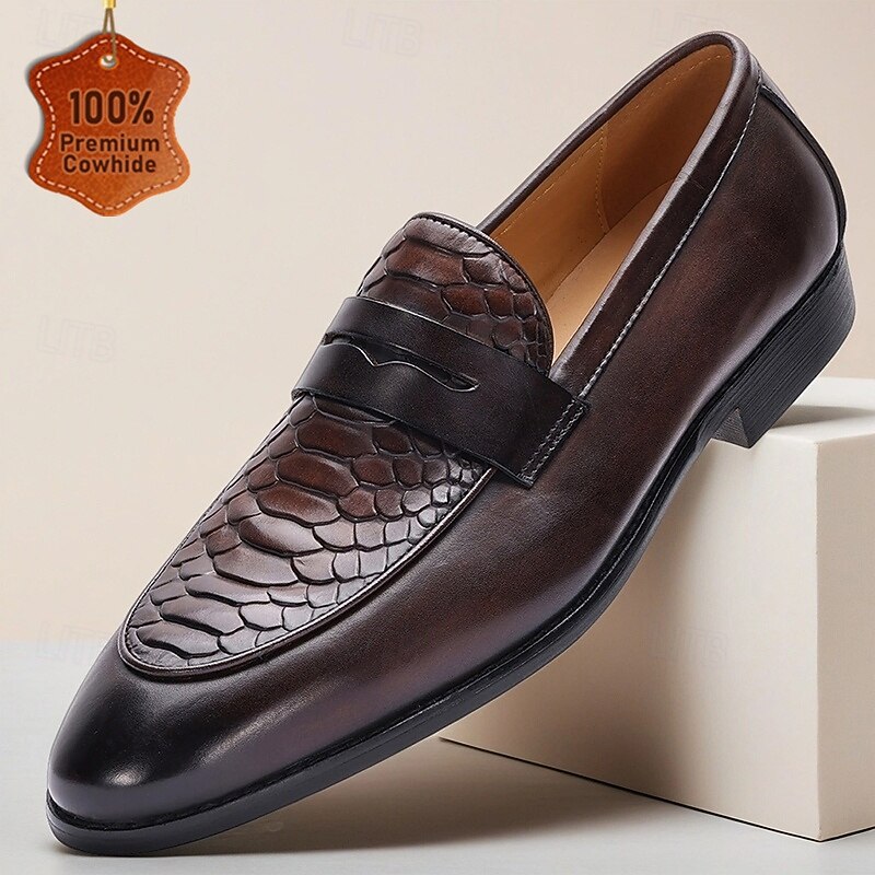 Men's Black Leather Loafers – Handmade Slip-On Dress Shoes with Crocodile Embossed Design for Business, Party and Wedding