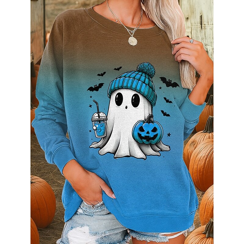 Halloween Women's Sweatshirts Ghost Graphic Fashion Casual Long Sleeve Crew Neck Regular Tops Street Dailywear Casual Print Blue Purple Orange Green Fall Winter3