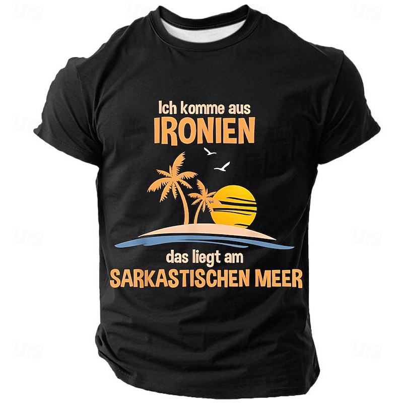 Funny Irony Sarcasm Men's Graphic T-Shirt | German Pun 'I Come From Irony' Tropical Design Tee4