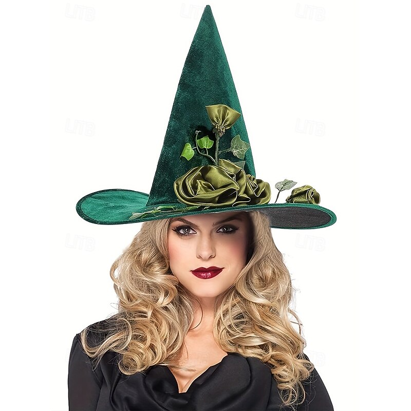Women's Green Velvet Witch Hat with Satin Roses and Ivy – Elegant Halloween Costume Hat for Parties and Themed Events4
