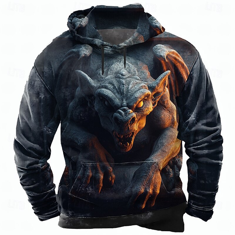Men's Dragon Hoodie Sweatshirt Cool Party Crew Neck Club Streetwear Red Orange Drawstring Fall Winter Designer