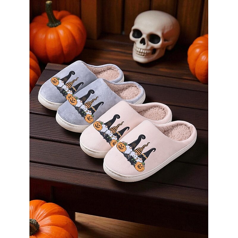 Women's Halloween Gnome Slippers with Plush Lining - Cozy Indoor House Shoes with Pumpkin and Witch Hat Print for Fall, Couples and Holiday Gifts