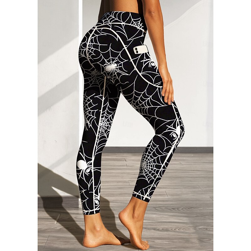 Women's Unisex pilates leggings fitness pants Gym Leggings Pockets Stamp Duty Side Pockets Pilates Gym Gym Workout Pants Tights Leggings Graphic Halloween Black Orange Sports Activewear Stretchy Slim3