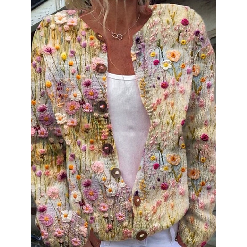 Women's Cardigan Sweater Knitted Ribbed Button Front Round Neck Long Sleeve Lightweight female Fashion Daily Casual Floral Graphic Buttons Print Knit Outdoor Daily Date Black Orange Fall Winter