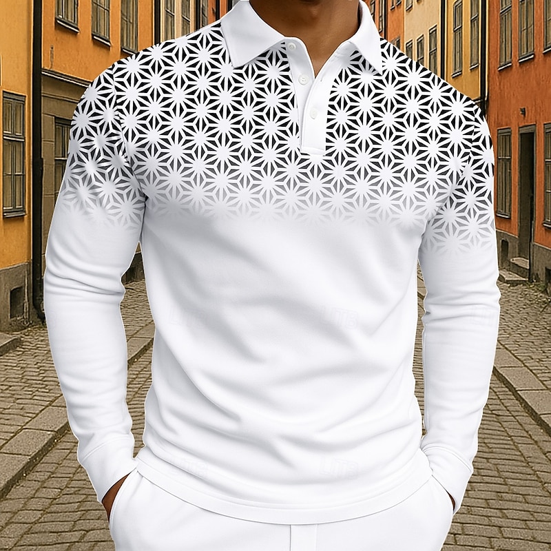 Men's Geometic Polo Long Sleeve Polo Shirts Lapel Business Casual Athleisure Daily Wear 3D Print Buttons Spring Fall Winter Black White Blue2