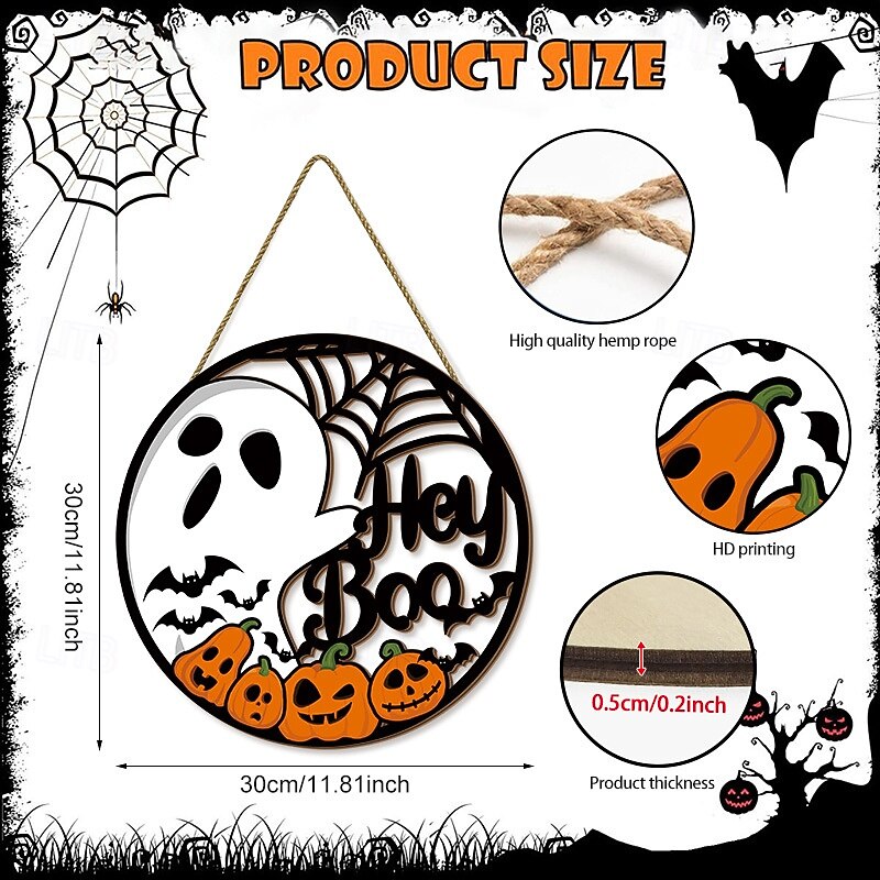 Halloween Wooden Ghost Wall Hanging Sign, Hollow Carved Poplar Wood Door Decor, Heyboo Party Cartoon Wall Ornament, Spooky Door Sign3