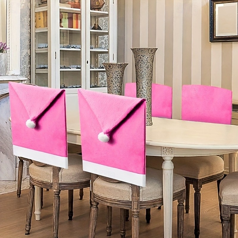 4Pcs Christmas Pink Chair Covers Set, Non-Woven Fabric Chair and Stool Covers, Festive Pink Chair Caps for Holiday Decoration3
