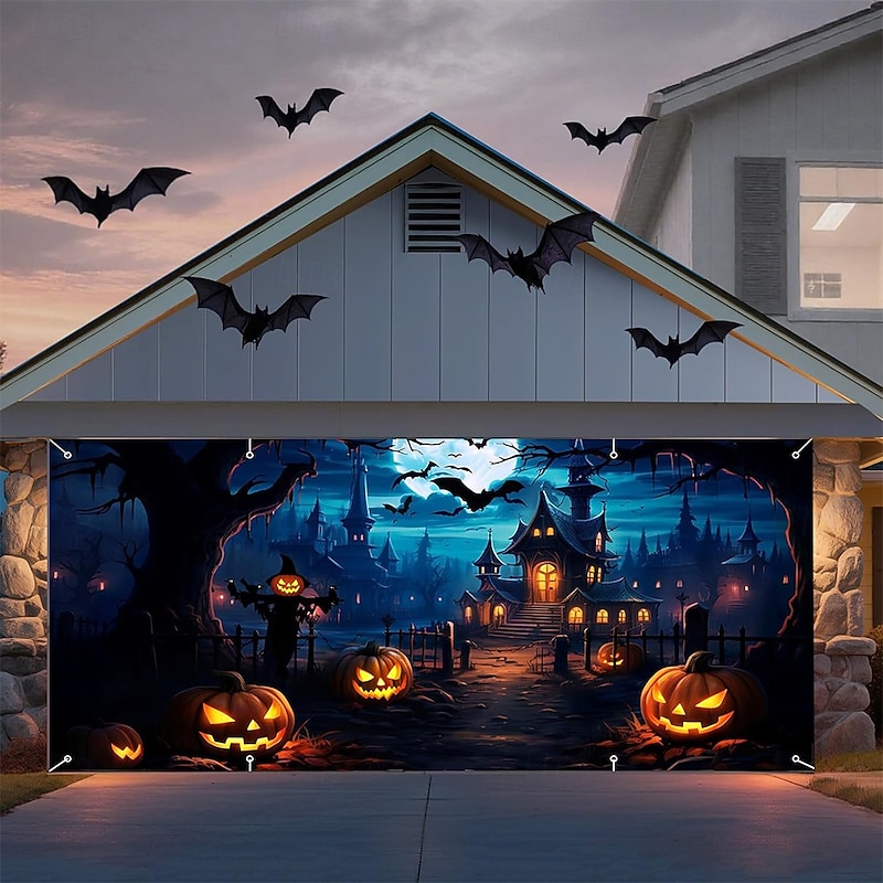 Halloween Garage Door Cover Large Hanging Backdrop Pumpkin Castle Dark Punk Gothic Style Party Outdoor Shooting Backgrounds Yard Haunted House Home Decor
