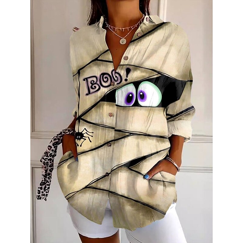 Halloween Women's Shirt Graphic Elegant Vintage Daily Long Sleeve Bishop Sleeve Shirt Collar Regular Tops Daily Holiday Print Khaki Fall Winter