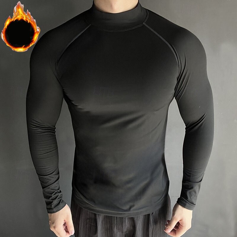 Men's Compression Shirt Fleece Base Layer Workout Tops Long Sleeve Top Athleisure Solid Colored Quick Dry Warm Gym Basketball Athletic Sportswear Activewear Black Black+Gray Red+Black3
