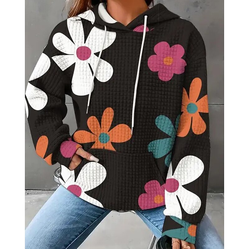Women's Pullover Hoodie Sweatshirt Floral Butterfly Streetwear Casual Long Sleeve Hooded Regular Tops Holiday Going out Pocket Print Black White Blue Light Blue Fall Winter2