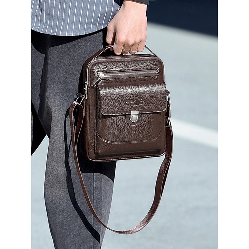Men's Pebble-Grain Faux Leather Crossbody Messenger Bag – Vintage Business-Casual Shoulder Satchel, Multi-Pocket, Adjustable Strap for Work, Travel & Daily Commute3
