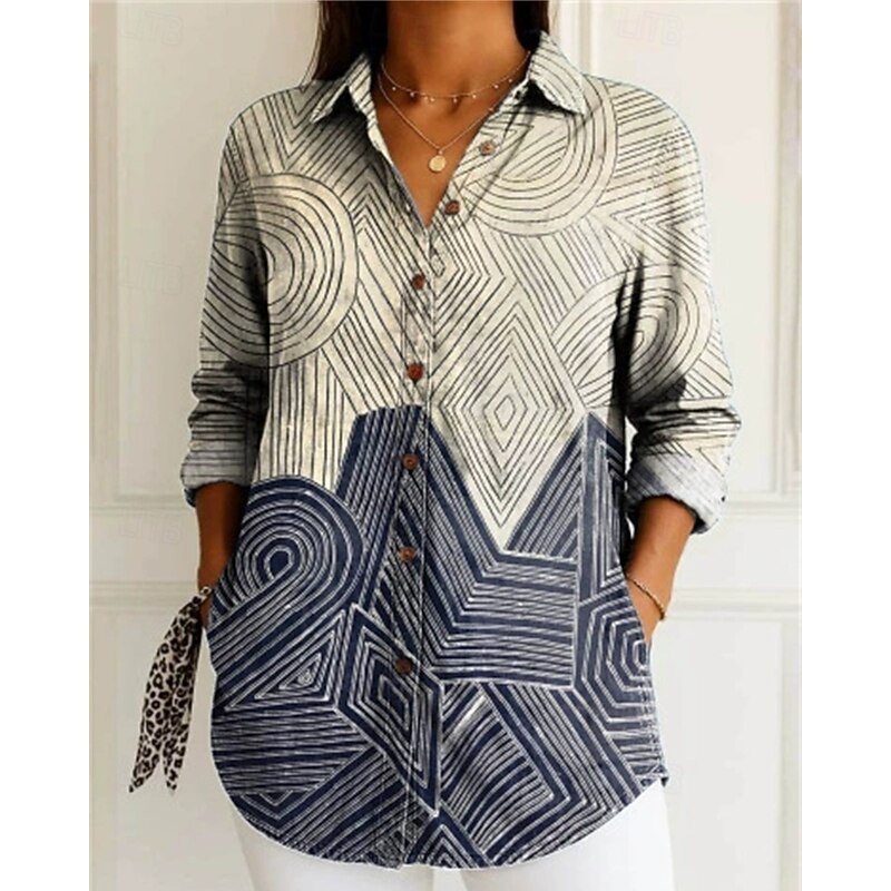 Women's Shirt Blouse Color Block Modern Casual Long Sleeve Shirt Collar Regular Tops Daily Holiday Buttons Blue Summer