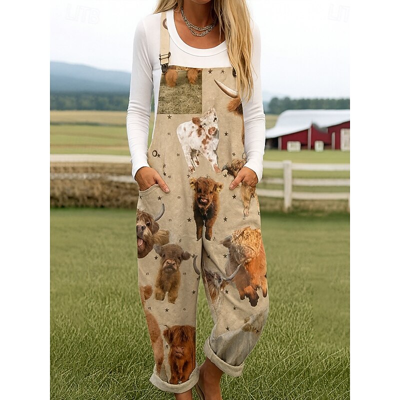 100% Cotton Women's Jumpsuit Active Graphic Sleeveless Sleeveless Straight Round Neck Pocket with Pocket Vacation Daily Loose Fit Pink Blue Khaki Summer