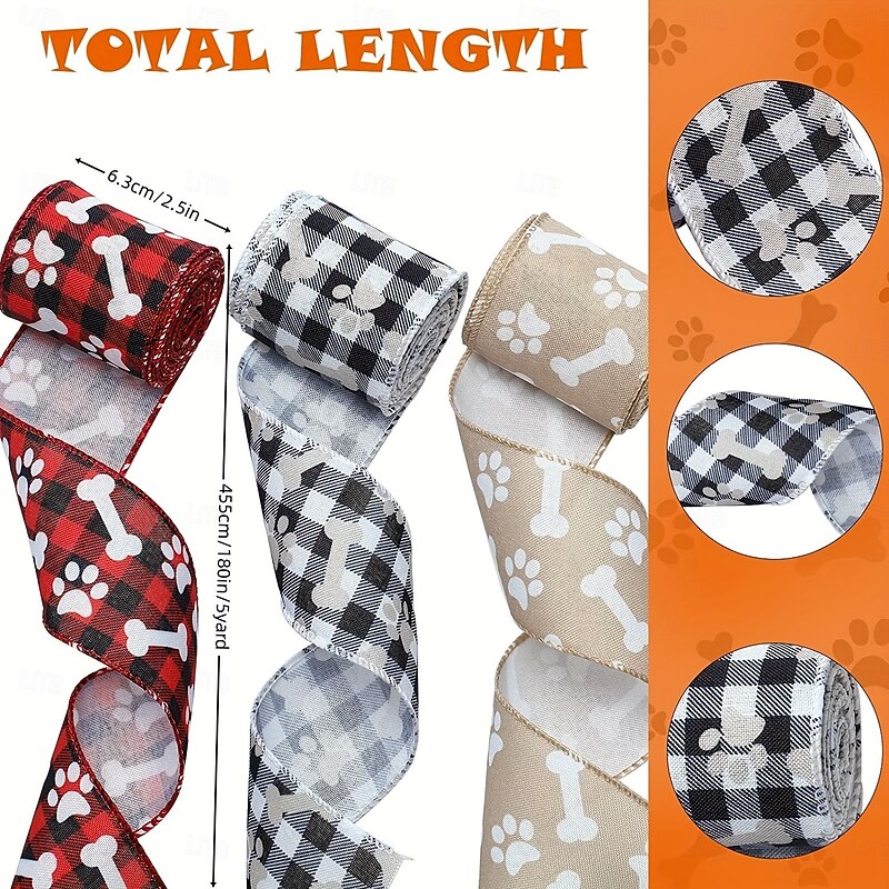 3 Roll Christmas Plaid Dog Bone and Paw Print Ribbon,Pet Ribbon, Black and White Bow Wreath Decorations, 5 Yards Christmas Pet Craft Supplies, Holiday DIY Accessories2