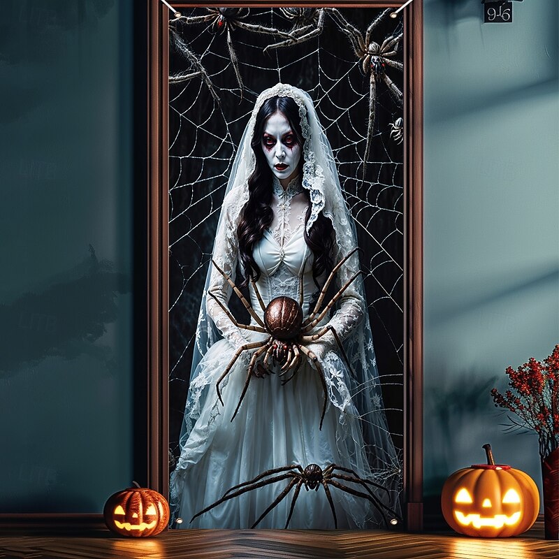 Halloween Door Cover Outdoor Banners Ghost Bride Spider Psychedelic Dark Punk Gothic Style Party Outdoor Shooting Backgrounds Front Door Wall Porch Home Decor2