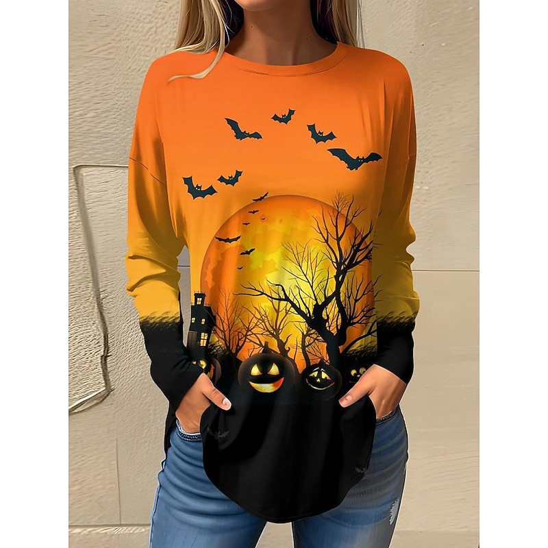 Halloween Women's T shirt Bat Graphic Geometric Vintage Casual Long Sleeve Crew Neck Regular Tops Weekend Print Yellow Orange Spring Fall