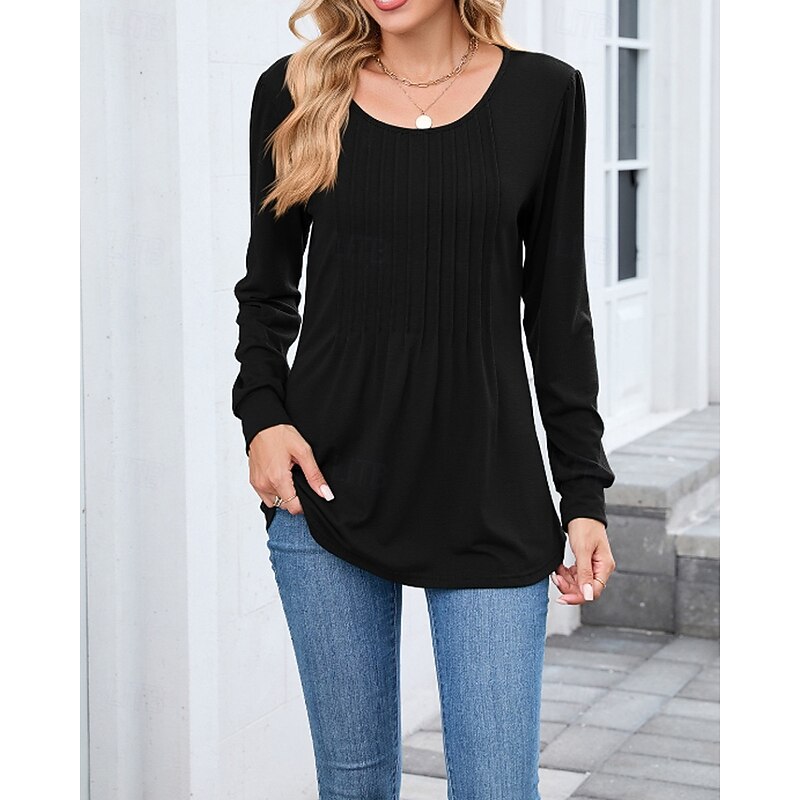 Women's Texture Blouse T Shirt Plain Casual Long Sleeve Crew Neck Regular Tops Going out Weekend Black White Pink Wine Fall4