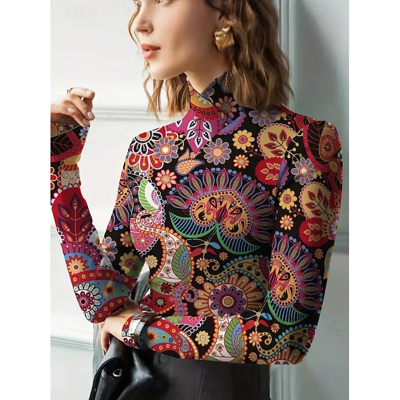 Women's Tunic Floral Elegant Bohemia Vintage Long Sleeve Turtleneck High Neck Regular Tops Going out Black Fuchsia Green Fall Winter3