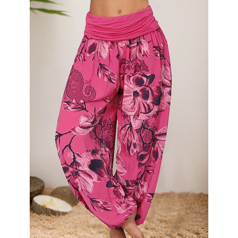 Women's Harem Pants Vintage Ethnic Style Casual Full Length High Waist Floral Graphic Inelastic Outdoor Vacation Violet Yellow Orange Khaki Summer Spring3